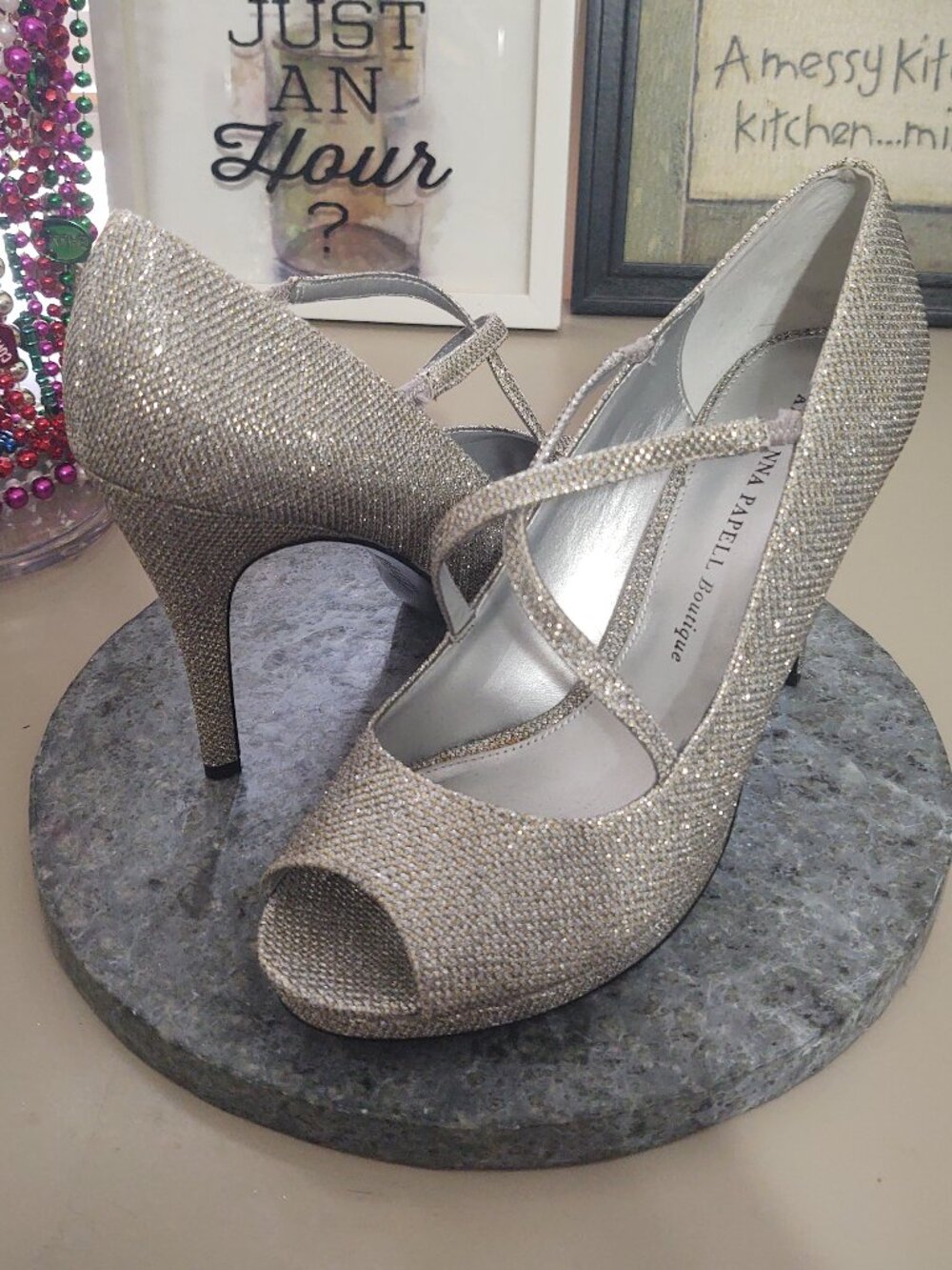Adrianna Papell Boutique Silver Sparkle Peep Toe Heels 9.5